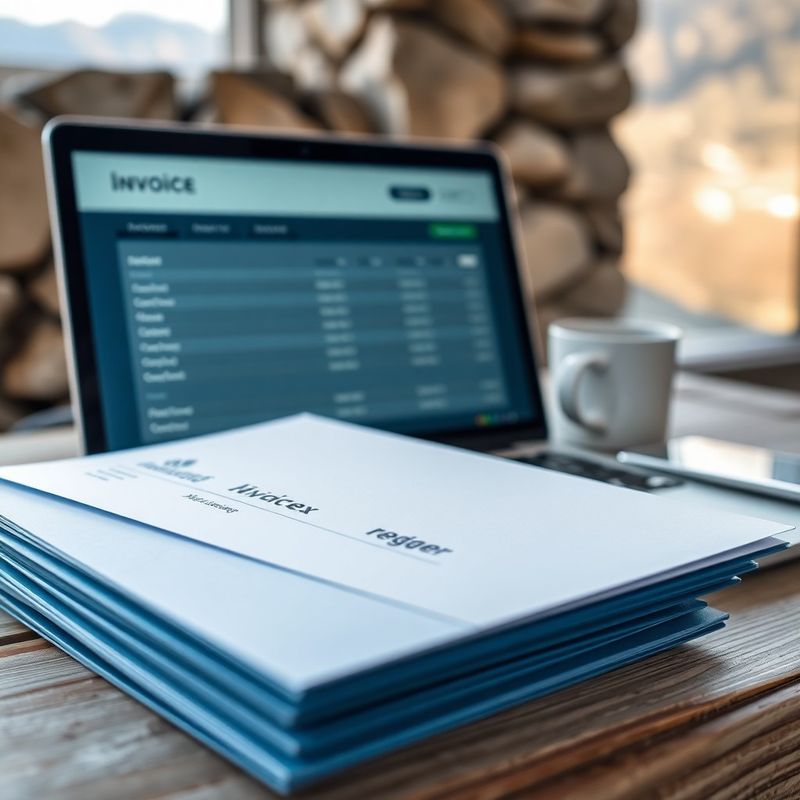 Urejene mape z računi in laptop s pregledom glavne knjige